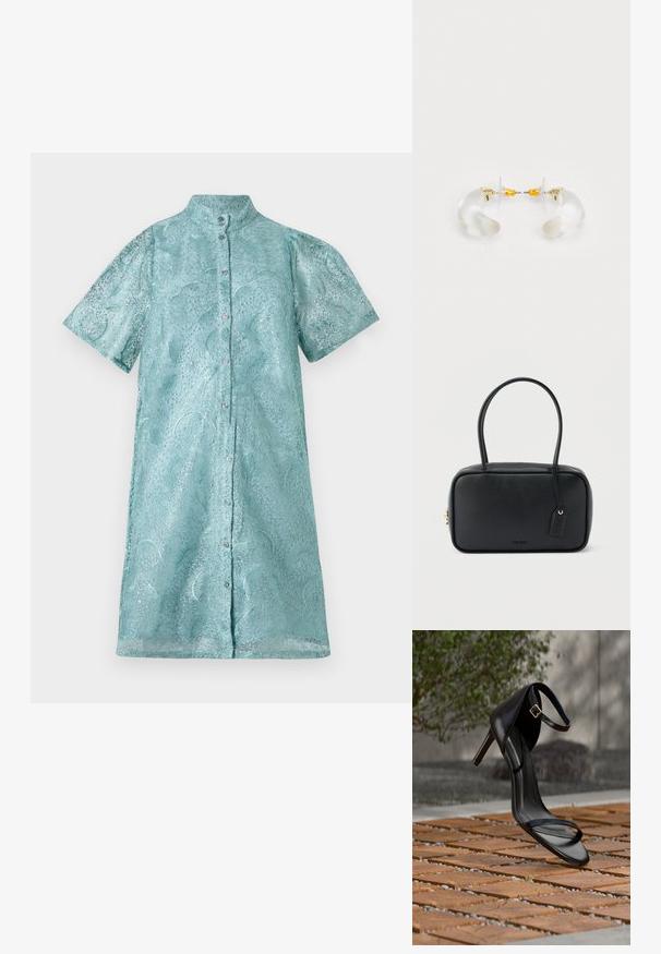 Kurzarm-Hemdblusenkleid aus schimmerndem hellblauen Stoff mit strukturiertem Muster, ausgestattet mit einem Stehkragen und einer Knopfleiste vorne.; Schwarze Sandalette mit hohem Absatz und Knöchelriemen schwebt über einem Holzboden im Freien vor verschwommenem Grün und Steinhintergrund.; Schwarze rechteckige Handtasche mit doppelten, abgerundeten Griffen, goldfarbenem Reißverschluss und geprägtem „HUGO“-Logo auf der Vorderseite sowie angebrachtem Lederanhänger.; Klare Acryl-Ohrringe in Hoop-Form mit goldenen Akzenten, die ein geschwungenes Design und einen transparenten Verschluss aufweisen. Glatte Textur, minimalistischer Stil.
