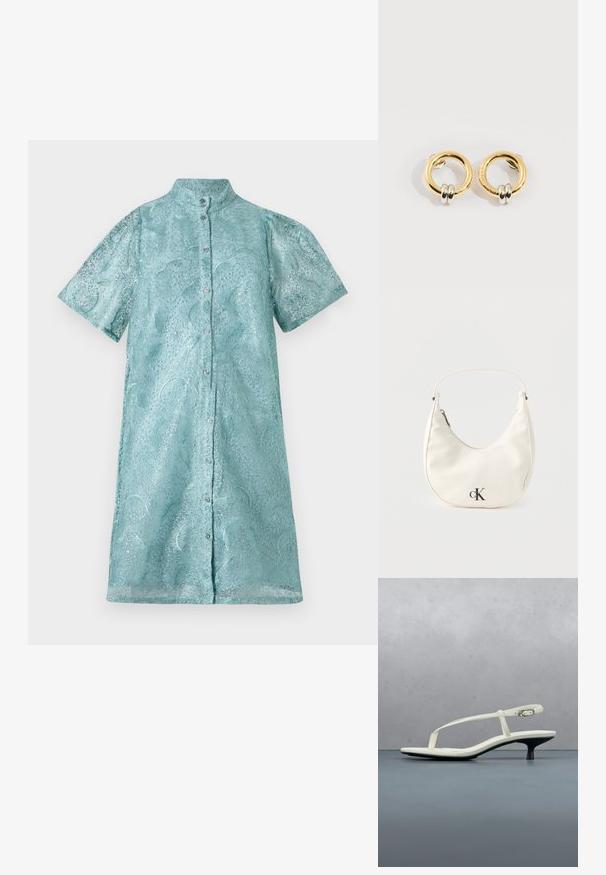 Kurzarm-Hemdblusenkleid aus schimmerndem hellblauen Stoff mit strukturiertem Muster, ausgestattet mit einem Stehkragen und einer Knopfleiste vorne.; Weiße Riemchenpantolette mit kitten heel und spitz zulaufender Zehenpartie, schwebt über einem Holzkachelboden im Freien mit verschwommenem Pflanzen- und Wandhintergrund.; Kleine weiße halbmondenförmige Handtasche mit kurzem Trageriemen, Reißverschluss und schwarzem "cK"-Logo auf der Vorderseite.; Goldene runde Ohrringe mit jeweils zwei kleinen silbernen Ringen, die dezent gravierte Markennamen zeigen, vor weißem Hintergrund platziert.