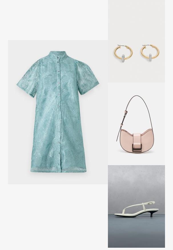 Kurzarm-Hemdblusenkleid aus schimmerndem hellblauen Stoff mit strukturiertem Muster, ausgestattet mit einem Stehkragen und einer Knopfleiste vorne.; Weiße Riemchenpantolette mit kitten heel und spitz zulaufender Zehenpartie, schwebt über einem Holzkachelboden im Freien mit verschwommenem Pflanzen- und Wandhintergrund.; Kleine, geschwungene Handtasche aus pinkem Leder mit glänzender Oberfläche, ausgestattet mit einem schwarzen Akzentgurt und einem großen schwarzen Verschluss. Crossbody-Design.; Paar goldfarbene Creolen mit kleinem silberfarbenem Schlaufen-Detail an jeder, vor hellem grauem Hintergrund präsentiert.