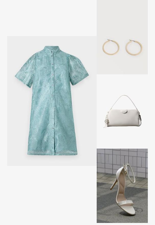 Kurzarm-Hemdblusenkleid aus schimmerndem hellblauen Stoff mit strukturiertem Muster, ausgestattet mit einem Stehkragen und einer Knopfleiste vorne.; Riemchensandalette mit hohem Absatz aus glänzendem weißem Material. Verfügt über einen dünnen Knöchelriemen und zwei vordere Bänder, mit beigem Innenfutter und schlankem Stiletto-Absatz.; Weiße rechteckige Calvin Klein Handtasche mit einem einzelnen Henkel, minimalistischem Design und dekorativen Quasten mit geometrischem Metallanhänger an der Seite.; Paar mittelgroße, glatte Creolen in Goldton mit Scharnier-Verschlüssen auf einem einfarbigen hellen Hintergrund.