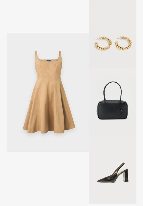 Robe sans manches couleur beige avec encolure carrée et corsage ajusté qui s'évase en une jupe évasée en forme de A, présentée sur un fond clair uni.; Chaussure slingback en cuir noir à bout pointu avec un talon bloc haut et une doublure intérieure beige sur un fond clair uni.; Sac à main rectangulaire noir avec doubles poignées arrondies, fermeture éclair dorée et logo "HUGO" embossé sur le devant avec une étiquette en cuir attachée.; Paire de boucles d’oreilles créoles dorées avec des détails de perles arrondies le long du bord extérieur sur un fond clair.