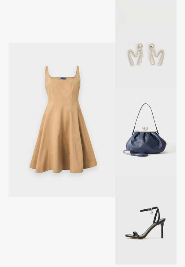 Robe sans manches couleur beige avec encolure carrée et corsage ajusté qui s'évase en une jupe évasée en forme de A, présentée sur un fond clair uni.; Sandale à talon haut noire avec une bride étroite à la cheville, bout carré, cuir lisse et accent de boucle métallique.; Sac à main en cuir bleu marine doux avec fermeture à boucle argentée, une seule bandoulière, et une chaîne de poignet amovible sur fond blanc.; Paire de boucles d'oreilles en métal argenté en forme de lettre M angulaire avec des tiges arrondies sur fond blanc.
