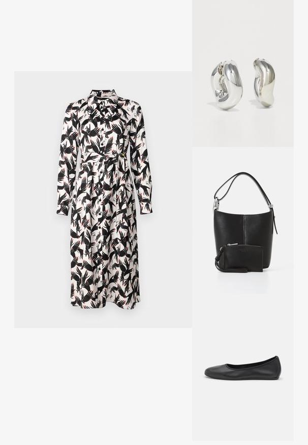 Diane von Furstenberg GIZELLE DRESS - Φόρεμα ημέρας - ivory; Μαύρο δερμάτινο μπαλαρίνι με στρογγυλή μύτη, λεία υφή, ελάχιστες λεπτομέρειες ραφής και σχεδίαση ευέλικτης σόλας.; Μαύρη δερμάτινη τσάντα με καμπύλο σχήμα και μία ενιαία λαβή. Διαθέτει μια τσέπη με φερμουάρ που συνδέεται με μια θηλιά. Λείος υφή. Ασημένια μεταλλικά αξεσουάρ.; Ασημένια γλυπτικά σκουλαρίκια με λείες, καμπύλες μορφές και ανακλαστικές επιφάνειες. Διακρίνονται για το κλειστό σχέδιο του κρίκου και την ιδιαίτερη οργανική τους μορφή.