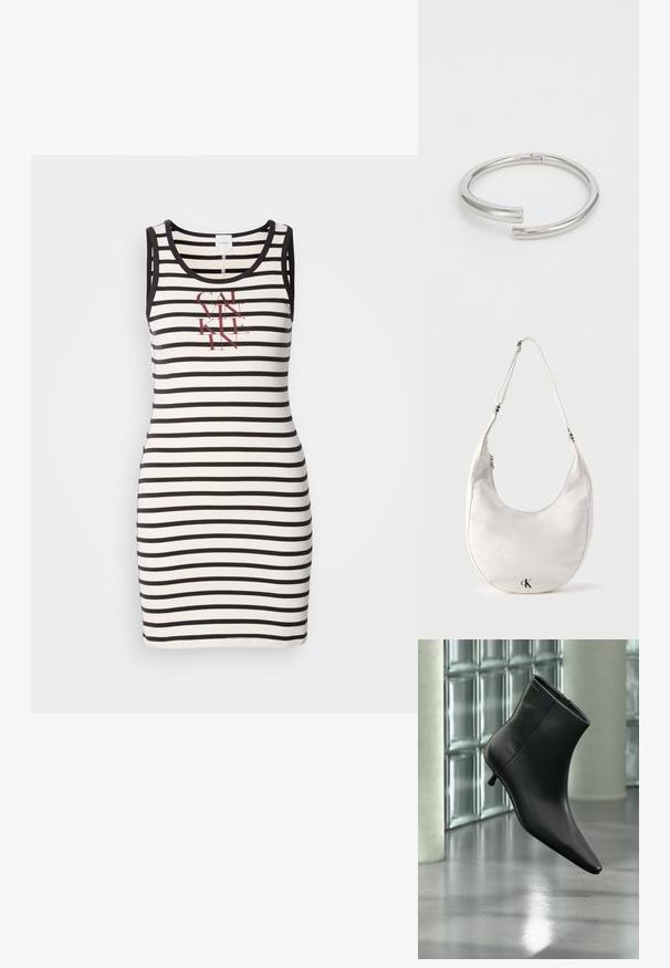 Ärmelloses Kleid aus Baumwolle mit schwarz-weiß gestreiftem Muster. Mit einem aufgedruckten roten Logo auf der Vorderseite. Figurbetonte Passform.; Schwarzer Leder-Stiefelette mit spitzer Zehenpartie und niedrigem Kitten-Heel, schräg dargestellt vor einem polierten Boden und einer Glasbausteinwand.; Weiße, halbmondförmige Schultertasche mit verstellbarem Riemen und schwarzem „cK“-Logo in der Nähe der unteren Mitte vor einfarbigem Hintergrund.; Calvin Klein SPIRAL - Armband - silver-coloured