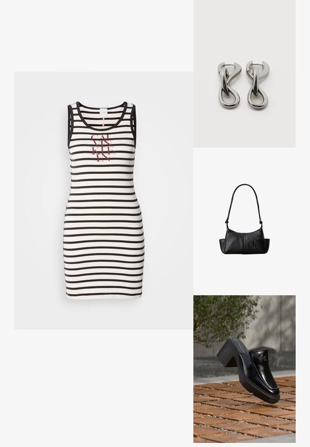 Ärmelloses Kleid aus Baumwolle mit schwarz-weiß gestreiftem Muster. Mit einem aufgedruckten roten Logo auf der Vorderseite. Figurbetonte Passform.; Schwarze Leder-Slip-on-Mule von Calvin Klein mit Blockabsatz, die auf Holzfliesen im Freien nahe einer grünen Pflanze und einer grauen Wand ruht.; Schwarze Leder-Schultertasche mit langem Träger, Seitentaschen und eingeprägtem Calvin Klein-Logo auf der Vorderseite.; Paar silberfarbene Metallohrringe mit abstraktem ineinandergreifendem Schlaufen-Design auf weißem Hintergrund.