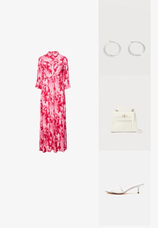 Langes Hemdkleid mit Kragen und Dreiviertelärmeln, mit einem abstrakten roten und weißen Blumenmuster.; Weißer, offener Mule mit einem schmalen, durchsichtigen Riemen vorne und einem niedrigen Kitten-Heel auf einer schlichten Oberfläche.; Weiße Lederhandtasche mit klarer Form, oberem Griff, abnehmbarem Schulterriemen und silberner Verschlussklemme. Glatte Textur, minimalistisches Design.; Silberne Metallcreolen mit glatter, leicht gebogener Oberfläche und Klappverschluss vor schlicht weißem Hintergrund.