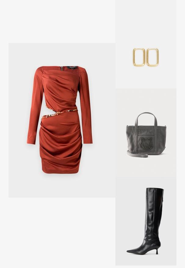 Robe rouge à manches longues avec une finition texturée. Présente un design en tissu drapé, une fermeture éclair sur le côté et un accent décoratif en perles à la taille.; Botte en cuir noir hautes jusqu'au genou avec un bout pointu et un talon fin et courbé. Texture lisse, design ajusté, sans matériel ni motifs visibles.; Petit sac à main en toile grise avec deux poignées, sangle amovible et motif en relief de tête de loup sur la pochette avant.; Boucles d'oreilles en métal doré présentant une forme carrée avec des bords lisses et une finition polie, réfléchissant la lumière avec une surface brillante.