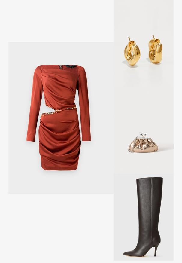 Robe rouge à manches longues avec une finition texturée. Présente un design en tissu drapé, une fermeture éclair sur le côté et un accent décoratif en perles à la taille.; Botte en cuir noire, montée jusqu'au genou, avec un bout pointu, un design épuré et un fin talon haut. Texture lisse et minimalisme des détails.; Petit sac pochette métallique dorée avec fermoir argenté et chaîne sur un fond clair uni.; Boucles d'oreilles créoles en or massif avec un design tubulaire légèrement tordu et des fermoirs à tige sur un fond blanc.
