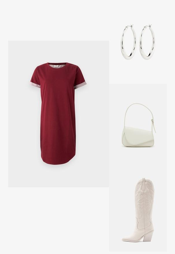 Burgunder T-Shirt-Kleid aus Baumwolle mit kurzen Ärmeln und grauen gemusterten Akzenten an den Manschetten. Verfügt über einen runden Ausschnitt und einen geraden Schnitt.; Weiße Leder-Cowboystiefel mit spitzer Zehe und blockiertem Absatz. Sie verfügen über aufwendige Steppmuster am Schaft und eine glatte Textur.; Weiße Kunstleder-Handtasche mit einer strukturierten dreieckigen Form, einem verstellbaren Einzelgurt und einem Klappenverschluss mit geschwungenen Akzenten.; Silberne Creolen mit einer glatten, glänzenden Oberfläche. Kreisform, ausgestattet mit einem sicheren Verschluss. Einfaches und elegantes Design.