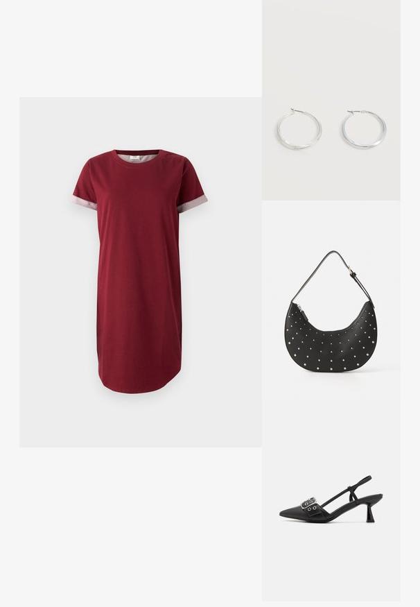Bordeaux t-shirt jurk van katoen met korte mouwen en grijze patroondetails op de mouwen. Heeft een ronde halslijn en een rechte snit.; Simmi London DALA - Klassieke pumps - black; Zwarte leren handtas met een gebogen vorm, versierd met zilveren studs, voorzien van een ritssluiting en een enkele verstelbare schouderband.; Zilverkleurige metalen creolen oorbellen met een glad, licht gebogen oppervlak en sluitingen met haaksluiting op een effen witte achtergrond.