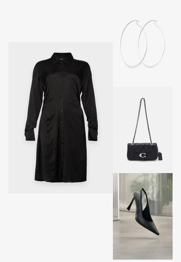 Zwart satijnen overhemd met een kraaghalslijn, lange mouwen en knoopsluiting. Heeft een subtiel textuurpatroon van het geheel.; Zwart leren slingback stiletto hak met puntige neus, zwevend boven een gladde betonnen vloer en verticale metalen paneel achtergrond.; COACH QUILTED TABBY SHOULDER WITH CHAIN - Handtas - black; Zilveren oorringen met een dun, glad ontwerp; langwerpige ovale vorm; gepolijste afwerking; voorzien van een veilige haaksluiting.