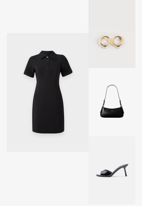 Robe noire avec un col, des manches courtes et une fermeture éclair à l'avant. Dispose de deux poches avant et d'une coupe ajustée. Texture lisse.; Sandales à talons ouverts en cuir verni noir, avec un design supérieur incurvé et un talon aiguille effilé. Finition lisse et brillante.; Mini sac à bandoulière en cuir noir avec une fine bandoulière et un petit logo CK doré au centre avant.; Boucles d'oreilles circulaires en or avec deux petites bagues en argent sur chacune, affichant des détails subtils du nom de la marque gravé, posées sur un fond blanc.