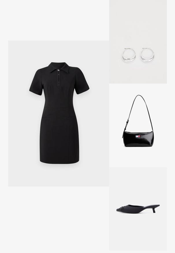 Robe noire avec un col, des manches courtes et une fermeture éclair à l'avant. Dispose de deux poches avant et d'une coupe ajustée. Texture lisse.; Mule pour femmes noires avec bout pointu, empeigne en tissu, petit talon bobine et un nœud décoratif à l'avant, présenté en profil latéral.; Sac à épaule en cuir verni noir avec une bandoulière incurvée, fermeture éclair et un patch rectangulaire avec un logo en rouge, blanc et bleu.; Boucles d'oreilles en argent avec une finition polie et un branding DKNY, présentées sur un fond blanc uni.