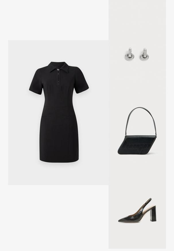 Robe noire avec un col, des manches courtes et une fermeture éclair à l'avant. Dispose de deux poches avant et d'une coupe ajustée. Texture lisse.; Chaussure slingback en cuir noir à bout pointu avec un talon bloc haut et une doublure intérieure beige sur un fond clair uni.; Sac d'épaule en cuir noir de forme triangulaire, avec un logo embossé et une seule bandoulière réglable. Design minimaliste avec une texture lisse.; Paire de petites boucles d'oreilles créoles argentées brillantes avec une base ronde, présentées sur un fond clair uni.