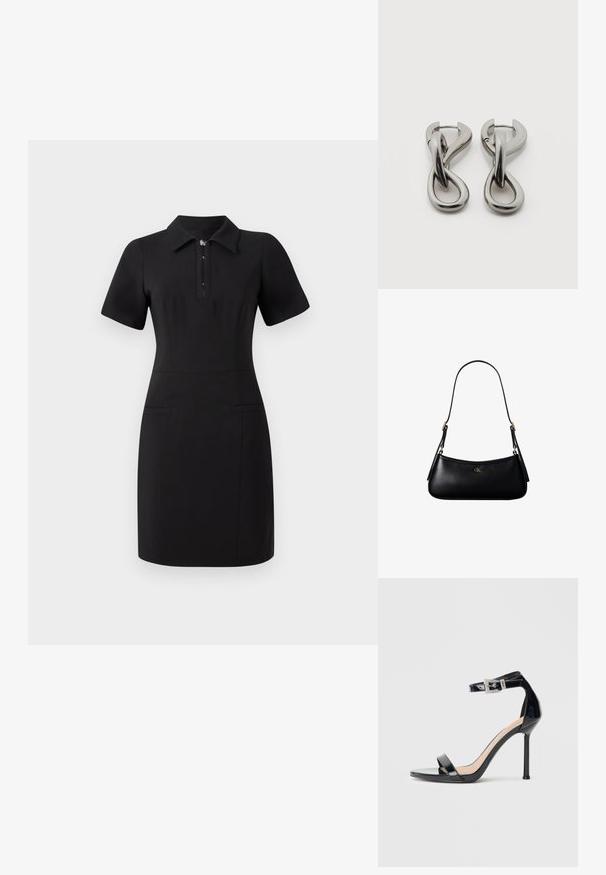 Sort kjole med krave, korte ærmer og lynlås foran. Har to forlommer og en tætsiddende silhuet. Glat tekstur.; Sort højhælet sandal i laklæder med ankelrem. Har minimalistisk design, åben tå og spænde med rhinsten-detaljer.; Sort læder mini skuldertaske med tynd rem og lille gyldent CK-logo på fronten i midten.; Par af sølvtonede metale øreringe med abstrakt sammenflettet løbedesign på hvid baggrund.