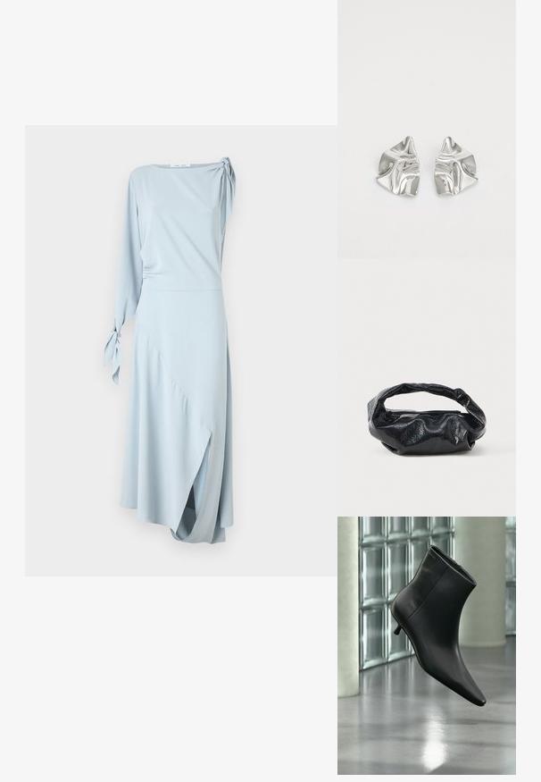 Robe bleu clair, une manche longue avec un accent noué, ourlet asymétrique, texture douce et design de drapé lisse.; Bottine en cuir noir à bout pointu et petit talon kitten, présentée en angle devant un sol poli et un mur en blocs de verre.; Sac noir en matériau texturé et brillant avec une poignée circulaire torsadée et une fermeture éclair. Présente un design doux et froissé.; Boucles d'oreilles en métal argenté avec un design ondulé et sculptural, présentant une finition polie et des formes irrégulières, mettant en valeur une esthétique contemporaine.