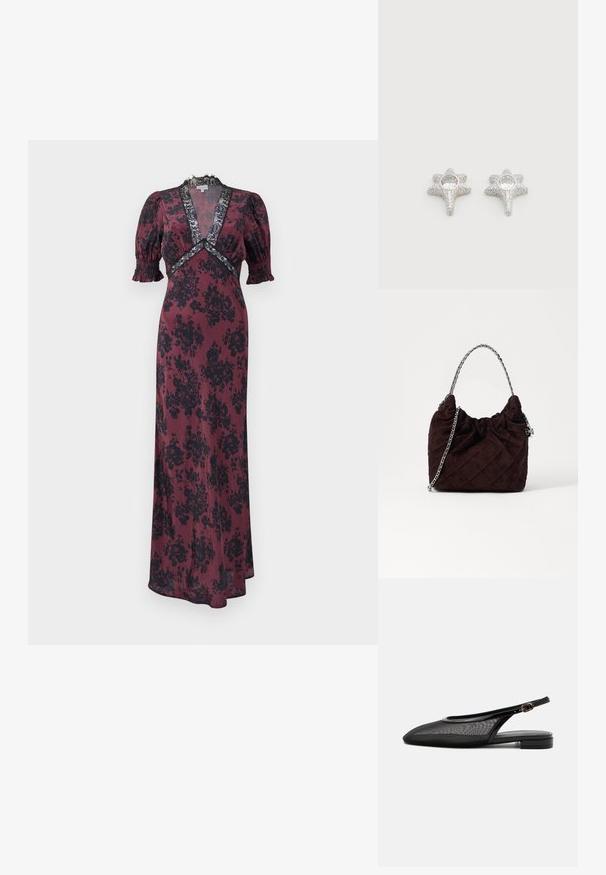 Langes burgunderfarbenes Kleid mit schwarzem Blumenmuster, das über Puffärmel, einen tiefen V-Ausschnitt und Spitzenakzente am Ausschnitt und der Taille verfügt.; Schwarzer Slingback-Flachschuh mit spitzer Kappe, Mesh-Obermaterial, verstellbarem Schnallenriemen und niedrigem Blockabsatz auf weißem Hintergrund.; Quilted burgunderfarbene Wildleder-Handtasche mit gerafftem Oberteil, einem silbernen Kettenriemen und angularer Form. Verfügt über ein silbernes Hardware-Detail.; Silberne Ohrringe in Sternform mit strukturierter Oberfläche, ausgestattet mit einem runden, klaren Edelstein in der Mitte. Glänzende Oberfläche verstärkt die optische Attraktivität.