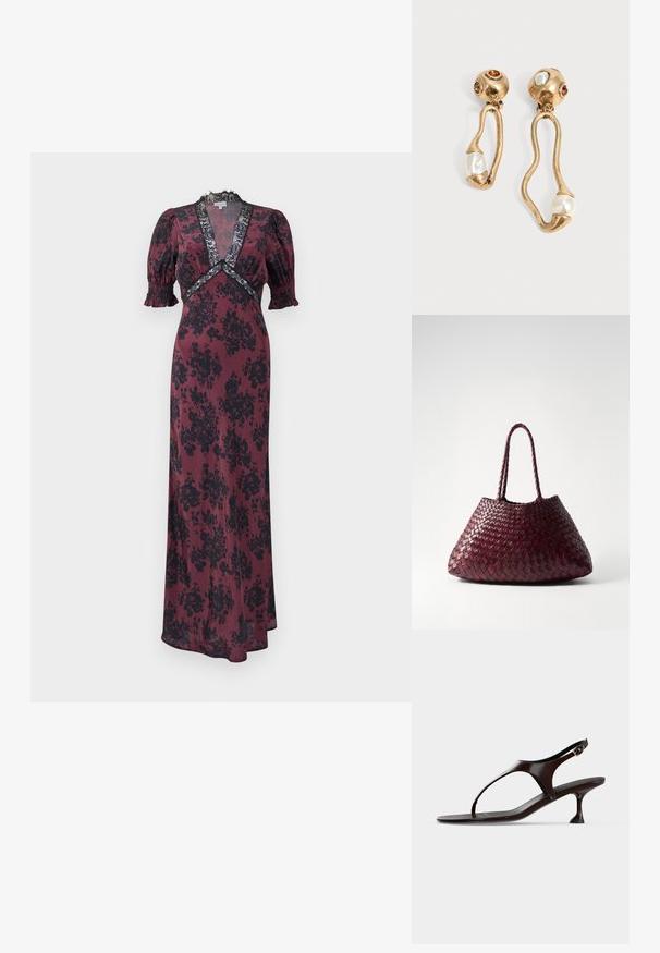 Lang bordeauxrood jurk met zwart bloemenpatroon, met pofmouwen, een diepe V-hals en kanten accenten rond de halslijn en taille.; Donkerbruine lakleren slingbacksandaal met kittenheel en teenbandje op witte achtergrond.; DRAGON DIFFUSION SANTA CROCE BIG - Handtas - bordo; Goudkleurige oorbellen met onregelmatige open vormen, elk met een parel aan de onderkant en edelsteendetails op de ronde stekers.