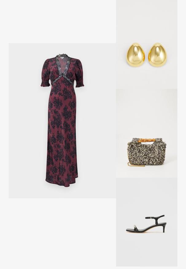 Larga vestido burdeos con patrón floral negro, que presenta mangas abullonadas, un escote en V profundo y detalles de encaje alrededor del escote y la cintura.; Sandalia de tacón de cuero negro con correa en el tobillo, punta abierta, frente cuadrado y detalle en hardware plateado. Diseño ajustado con un perfil elegante.; Bolso tejido con un patrón texturizado en negro y crema, asa de bambú y una correa de cadena dorada removible. Forma rectangular compacta.; Pendientes de studs de color dorado con una superficie lisa y pulida en forma de lágrima, que reflejan la luz para un acabado brillante.