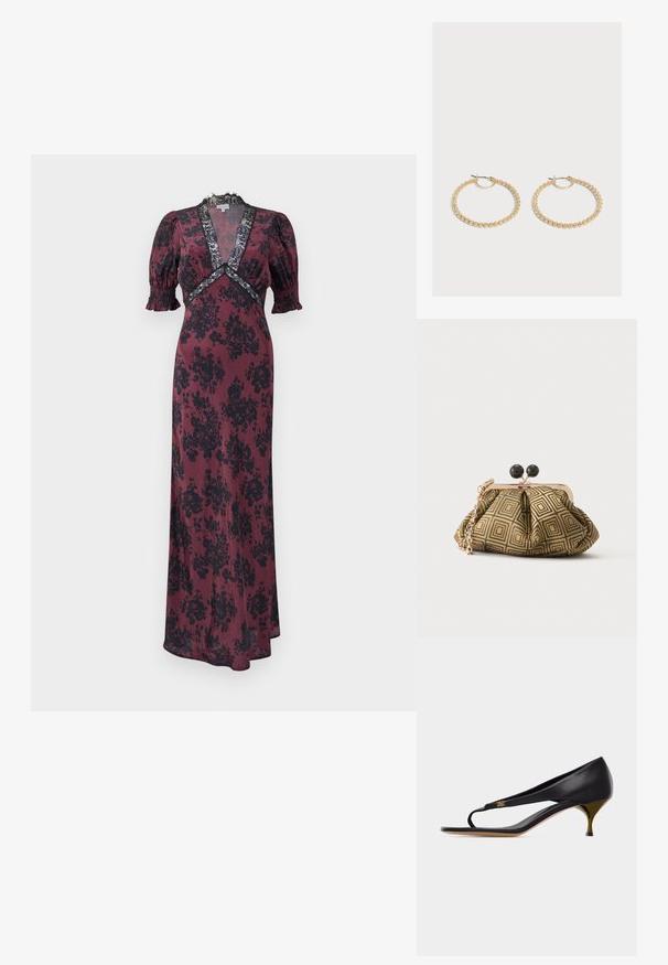 Robe longue bourgogne avec un motif floral noir, dotée de manches bouffantes, d'un décolleté en V profond et d'accents en dentelle autour du col et de la taille.; Sandale à talon kitten en cuir noir avec fine bride sur les orteils et détail d'emblème doré sur le côté.; Petite pochette avec motif géométrique doré et noir, cadre en métal doré, fermeture à boule noire et une courte chaîne dorée.; Paire de boucles d'oreilles créoles en or de taille moyenne avec un design texturé et perlé sur un fond clair uni.