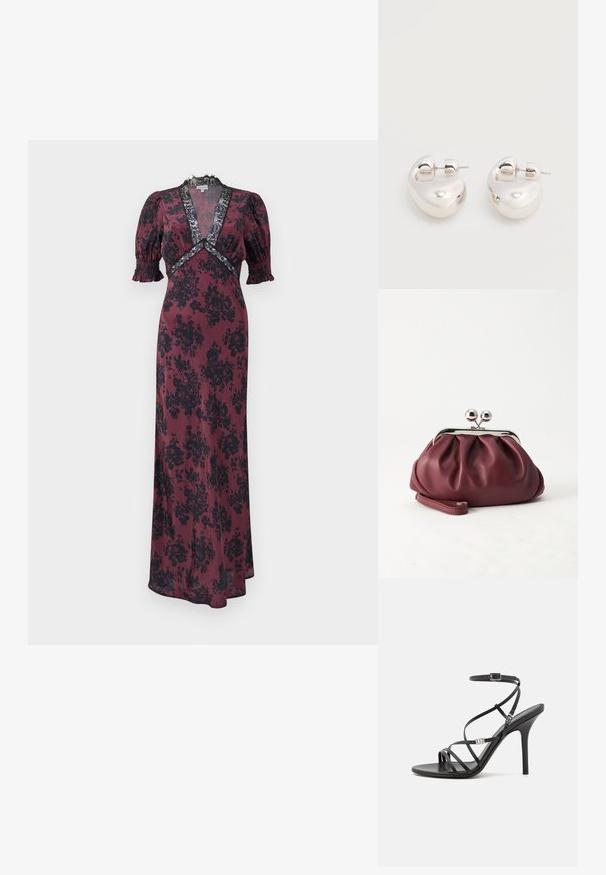Robe longue bourgogne avec un motif floral noir, dotée de manches bouffantes, d'un décolleté en V profond et d'accents en dentelle autour du col et de la taille.; Sandale noire à talons hauts avec des brides fines, une boucle à la cheville, une surface en cuir lisse et un talon aiguille élancé.; Petit sac pochette en cuir bordeaux avec fermoir métallique argenté et bracelet sur fond blanc.; Paire de boucles d'oreilles argentées brillantes et épaisses avec fermoirs à tige, sur fond blanc uni.
