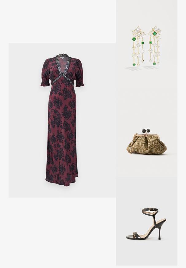 Larga vestido burdeos con patrón floral negro, que presenta mangas abullonadas, un escote en V profundo y detalles de encaje alrededor del escote y la cintura.; Sandalia de tacón alto de charol negro con tira delgada en el tobillo y hebilla, punta abierta y tacón aguja esbelto sobre fondo blanco.; Pequeño bolso de mano con patrón geométrico en dorado y negro, marco metálico dorado, cierre de bola negro y una corta correa de cadena dorada.; Pendientes en tono dorado con cadenas colgantes que presentan piedras preciosas transparentes y verdes en diversas formas, incluyendo cuadrados y diamantes.
