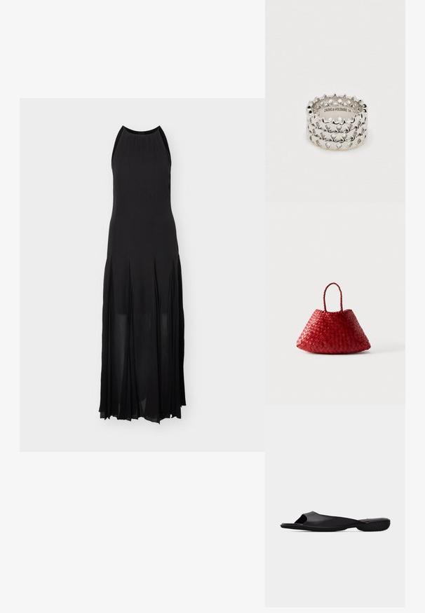 Robe de soirée noire sans manches avec un col montant, un corsage ajusté et une jupe plissée fluide s'étendant jusqu'au sol.; Sandale noir à enfiler à bout ouvert avec semelle texturée et design minimaliste, vue de côté sur un fond gris clair uni.; Sac à main en cuir tressé rouge avec une forme triangulaire arrondie et deux poignées tressées sur fond blanc.; Bague en argent avec un design texturé et strié, présentant des accents pointus et une gravure intérieure de marque. Taille 56.