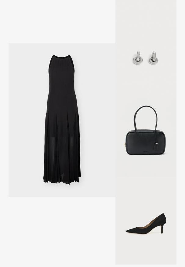 Robe de soirée noire sans manches avec un col montant, un corsage ajusté et une jupe plissée fluide s'étendant jusqu'au sol.; Escarpin en daim noir à bout pointu avec un talon stiletto fin de hauteur moyenne et un design à coupe basse sur un fond uni.; Sac à main rectangulaire noir avec doubles poignées arrondies, fermeture éclair dorée et logo "HUGO" embossé sur le devant avec une étiquette en cuir attachée.; Paire de petites boucles d'oreilles créoles argentées brillantes avec une base ronde, présentées sur un fond clair uni.