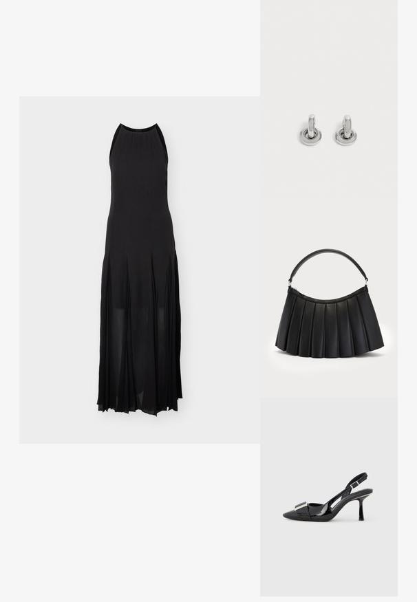 Robe de soirée noire sans manches avec un col montant, un corsage ajusté et une jupe plissée fluide s'étendant jusqu'au sol.; Escarpin bride arrière en cuir verni noir avec un bout pointu et un accent métallique sur le cou-de-pied. Comprend un talon fin et une bride ajustable.; Sac noir plissé en simili cuir, avec une anse incurvée et une fermeture éclair sur le dessus. Texture lisse avec un design structuré.; Paire de petites boucles d'oreilles créoles argentées brillantes avec une base ronde, présentées sur un fond clair uni.