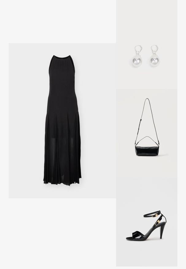 Robe de soirée noire sans manches avec un col montant, un corsage ajusté et une jupe plissée fluide s'étendant jusqu'au sol.; Sandale à talon haut en cuir verni noir avec double bride de cheville et boucles dorées, bout ouvert, et talon effilé sur fond neutre.; Sac bandoulière rectangulaire en cuir noir avec bandoulière ajustable, fermeture éclair sur le dessus et petit logo Calvin Klein doré sur le devant.; Boucles d'oreilles en argent en forme de goutte avec des surfaces lisses, rondes et réfléchissantes, suspendues à des fermoirs à ressort. L'arrière-plan est blanc uni.