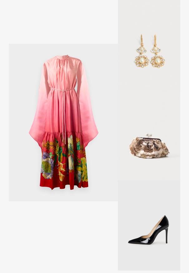 Largo vestido rosa con mangas transparentes de campana, cintura ajustable con cordón y un estampado floral en colores vibrantes en el dobladillo. Textura suave.; Zapato de tacón alto de charol negro con un diseño de punta afilada y una silueta elegante. Presenta un acabado suave y brillante y un tacón de aguja esbelto.; Pequeño bolso de mano beige cubierto con grandes lentejuelas brillantes con un cierre de bola plateada en la parte superior sobre un fondo liso.; Pendientes colgantes de tono dorado con perlas centrales, pétalos de cristal transparente y pequeños cristales que forman un diseño floral sobre un fondo liso y claro.