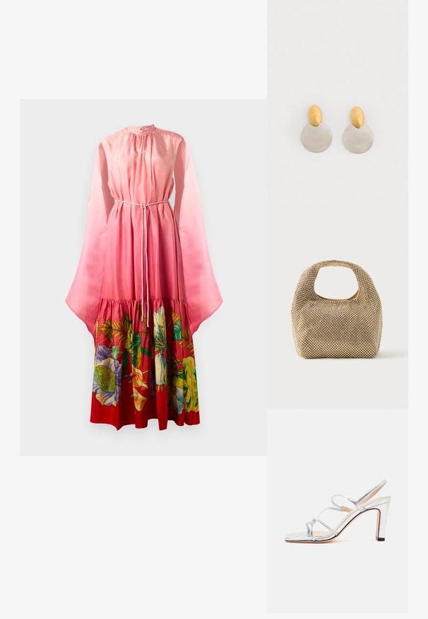 Largo vestido rosa con mangas transparentes de campana, cintura ajustable con cordón y un estampado floral en colores vibrantes en el dobladillo. Textura suave.; Sandalia plateada de tacón alto con tres tiras finas y puntera abierta, mostrada de perfil sobre un fondo blanco liso.; Bolso pequeño de tono dorado cubierto de tachuelas redondas brillantes con un asa corta y un recorte rectangular en la parte superior.; Pendientes de metal dorado y plateado con base de disco redondo y pieza superior ovalada, textura suave y acabado pulido.