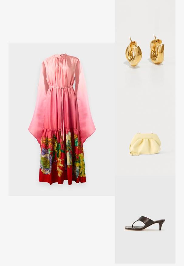 Largo vestido rosa con mangas transparentes de campana, cintura ajustable con cordón y un estampado floral en colores vibrantes en el dobladillo. Textura suave.; Sandalias de tacón de imitación de piel de serpiente marrón con diseño de tira entre los dedos y puntera cuadrada. El tacón mide aproximadamente 5 cm de altura y tiene un acabado suave.; Bolso de mano de cuero amarillo suave con diseño fruncido y una correa desmontable, sobre un fondo claro y liso.; Pendientes de aro grueso en oro con un diseño tubular ligeramente retorcido y cierre de presión, sobre un fondo blanco.