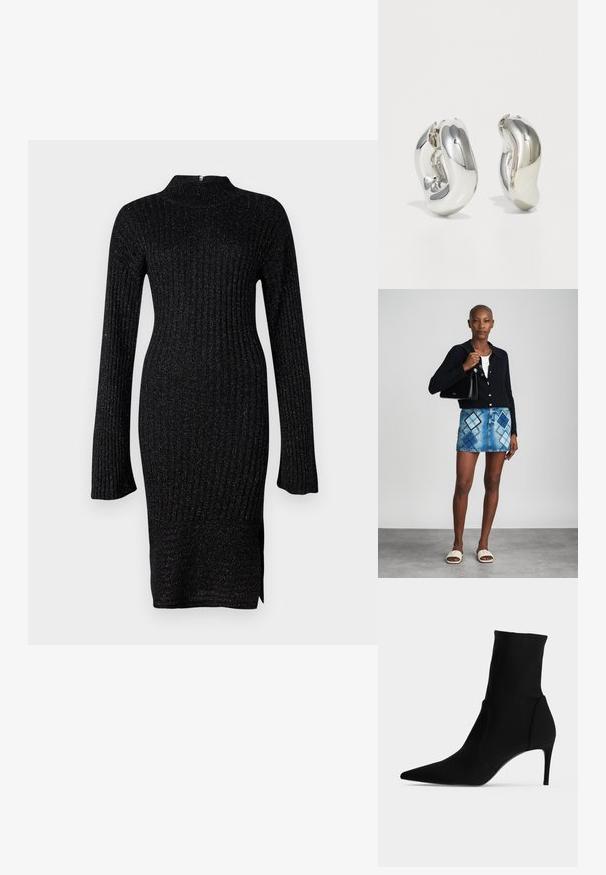 Robe en maille côtelée noire avec des manches longues, col haut et tissu texturé comprenant des fils métalliques discrets, fente sur le côté à l'ourlet.; Bottine noire à bout pointu et talon haut et fin, présentée de profil sur fond clair. Design épuré et minimaliste.; Un cardigan en maille noir, un haut blanc, une jupe en denim avec un motif de diamants bleus et noirs, un sac à main noir et des sandales à enfiler beiges.; Boucles d'oreilles sculpturales en argent avec des formes douces et courbes et des surfaces réfléchissantes. Présentent un design de boucle fermée et une forme organique distincte.