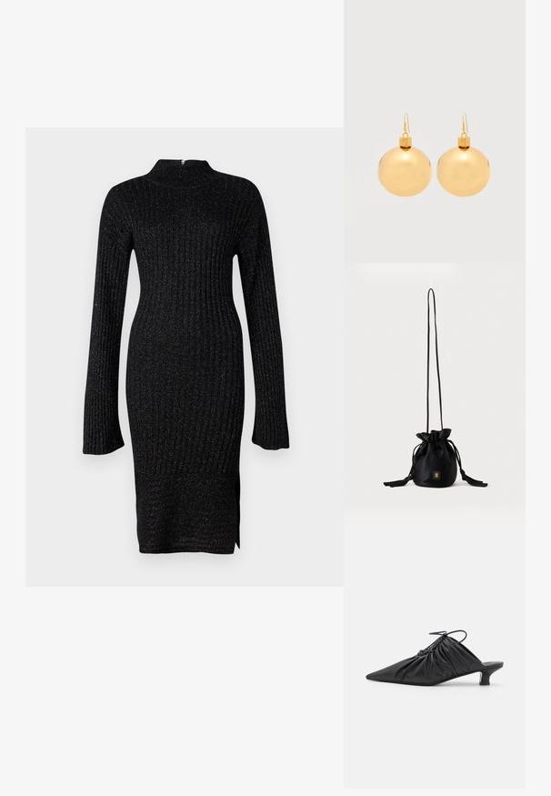 Robe en maille côtelée noire avec des manches longues, col haut et tissu texturé comprenant des fils métalliques discrets, fente sur le côté à l'ourlet.; Mules noirs en cuir à enfiler avec un bout pointu, une texture froncée et un petit talon aiguille. Présente un détail à cordon au niveau de l'ouverture.; Sac seau noir à cordon avec une longue sangle fine et un petit logo carré doré sur le devant, présenté sur un fond uni.; Paire de boucles d'oreilles boule de Noël dorées brillantes avec fermoirs à crochet sur fond blanc uni.