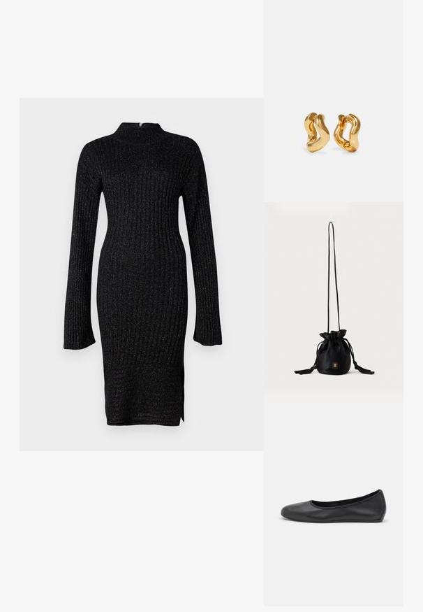Robe en maille côtelée noire avec des manches longues, col haut et tissu texturé comprenant des fils métalliques discrets, fente sur le côté à l'ourlet.; Ballerines en cuir noir avec un bout rond, texture lisse, détails de couture minimalistes et design de semelle flexible.; Sac seau noir à cordon avec une longue sangle fine et un petit logo carré doré sur le devant, présenté sur un fond uni.; Boucles d'oreilles en forme de créoles dorées avec un design ondulé, présentant une surface lisse et brillante ainsi qu'une forme élégante. Sans fermoirs visibles.