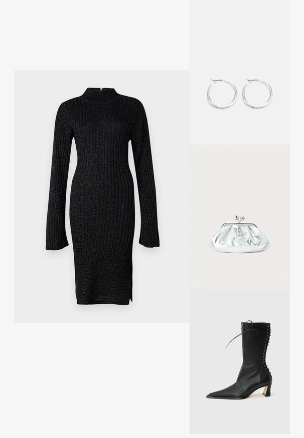 Vestido negro de punto acanalado con mangas largas, cuello alto y tejido texturizado que presenta hilos metálicos sutiles, abertura lateral en el dobladillo.; Botín de cuero negro con punta puntiaguda, tacón delgado, detalle de cordones en la parte trasera y ojales metálicos. Textura suave con un diseño elegante.; Pequeño bolso de mano metálico plateado con diseño redondeado y fruncido y cierre de broche con dos esferas plateadas.; Los pendientes de aro de plata presentan un diseño suave y redondeado con un perfil delgado y un cierre seguro. Estilo minimalista con un acabado pulido.