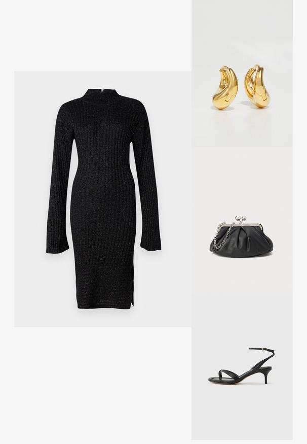 Robe en maille côtelée noire avec des manches longues, col haut et tissu texturé comprenant des fils métalliques discrets, fente sur le côté à l'ourlet.; Sandale pour femme en cuir noir avec fines lanières, une boucle d'orteil, une boucle à la cheville et un talon aiguille de hauteur moyenne sur un fond neutre.; Porte-monnaie en cuir noir avec texture froncée, cadre en métal argenté, fermeture à verrouillage kiss-lock et bandoulière en chaîne. Surface lisse et douce.; Boucles d'oreilles en or en forme de d'anneaux lisses et courbés avec une finition polie. Équipées d'un mécanisme de fermeture et de légères indentations pour le détail.