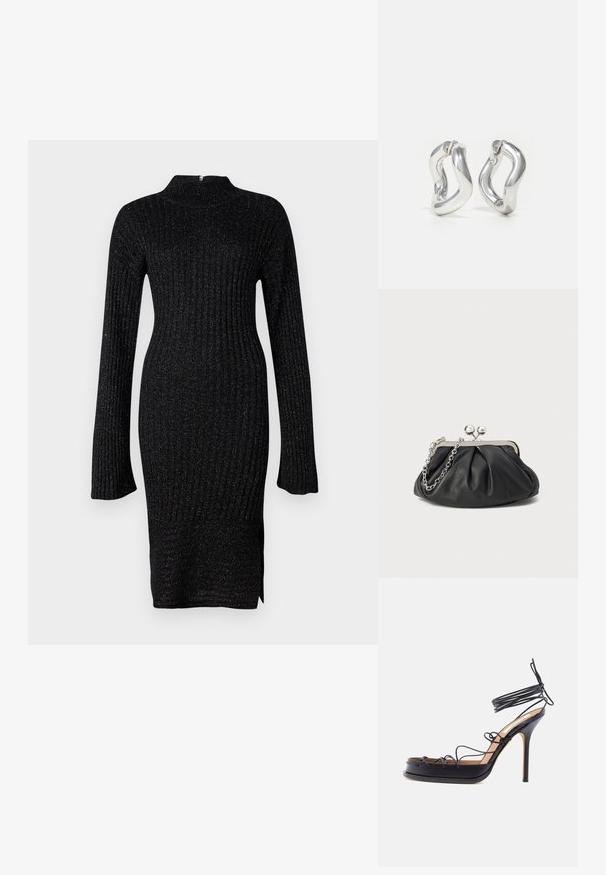 Schwarzes, geripptes Strickkleid mit langen Ärmeln, hohem Kragen und strukturiertem Stoff mit dezenten metallischen Fäden, seitlicher Schlitz am Saum.; Schwarze Sandalette mit hohen Absätzen und dünnen Lederriemchen, die sich um den Fuß und das Sprunggelenk wickeln, mit spitz zulaufendem Stiletto-Absatz.; Schwarze Leder-Clutch mit geraffter Textur, silberfarbener Metallrahmen, Druckverschluss und Kettenriemen. Glatte, weiche Oberfläche.; Silberne Creolen mit gedrehtem Design. Abgerundete Kanten und glänzende Oberfläche. Offen schließende Verschlüsse für einfaches An- und Ausziehen. Glatte Textur durchgehend.