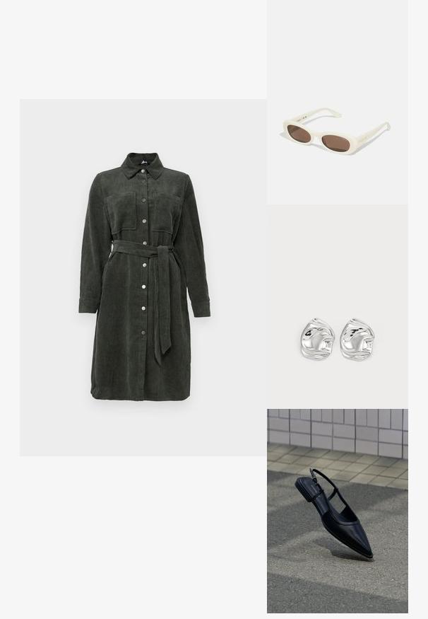 Robe chemise en velours côtelé de couleur vert foncé, avec une fermeture à boutons sur le devant, un col, des manches longues, deux poches poitrine et une ceinture assortie.; Chaussure plate noire à bout pointu avec bride arrière, flottant au-dessus d'une surface en bitume à côté d'un trottoir carrelé.; Lunettes de soleil crème avec des verres en forme ovale, teintés de brun, dotées d'une finition brillante et d'un discret logo "Vogue" sur le côté.; Boucles d'oreilles en forme abstraite argentées avec une finition poli, présentant des courbes lisses et des contours subtils. Pas de motifs ou d'accents visibles.