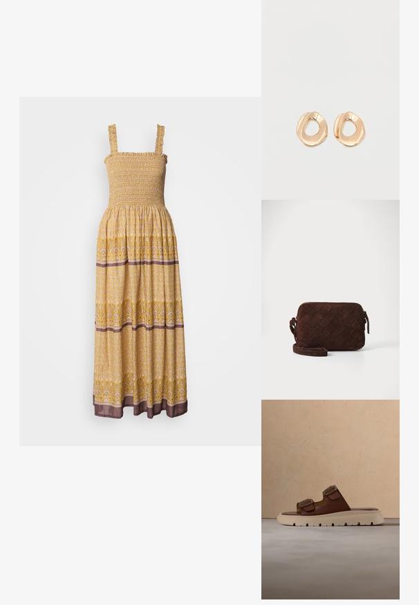Gelbes, blumiges Maxikleid mit gerafftem Oberteil, Rüsche-Trägern und kontrastierendem braunen Band am Saum. Leichter, fließender Stoff.; Braune Ledersandale mit zwei verstellbaren goldenen Schnallen und einer dicken beigen profilierte Sohle auf einer strukturierten Oberfläche.; Braune Wildleder-Crossbody-Tasche mit einem gewebten Design, Reißverschluss und verstellbarem Riemen. Hat eine schlanke, rechteckige Form.; Paar unregelmäßig geformter, polierter Creolen aus goldfarbenem Metall mit offenem Zentrum auf weißem Hintergrund.