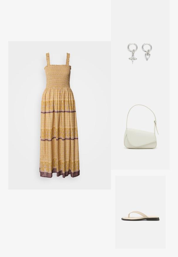 Robe maxi jaune à fleurs avec un corsage smocké, des bretelles à volants et une bande brune contrastante à l'ourlet. Tissu léger et fluide.; Sandale plate beige à bride en forme de tongs avec une semelle intérieure rembourrée et une semelle noire, vue de côté sur fond blanc.; Sac à main en cuir synthétique blanc avec une forme triangulaire structurée, une bandoulière unique réglable et un rabat à courbes accentuées.; Boucles d'oreilles en argent en forme de cerceau avec un charme croix et cœur. Texture lisse et brillante avec une finition polie. Chaque charmepend d'une boucle sécurisée.