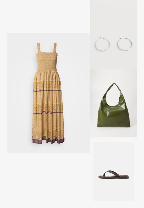 Gelbes, blumiges Maxikleid mit gerafftem Oberteil, Rüsche-Trägern und kontrastierendem braunen Band am Saum. Leichter, fließender Stoff.; Brauner Ledersandale mit flacher schwarzer Sohle und breitem Riemen über dem Fuß, seitlich auf weißem Hintergrund dargestellt.; Grüne Leder-Hobo-Tasche mit einem lässigen Design, gebogenem Griff und glatter Textur. Enthält keine sichtbaren Beschläge oder Akzente.; Silberne Metallcreolen mit glatter, leicht gebogener Oberfläche und Klappverschluss vor schlicht weißem Hintergrund.
