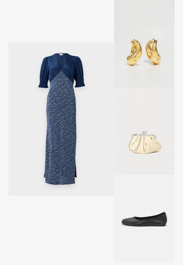Vestido azul marino con escote en V, mangas abullonadas y un estampado de lunares blancos. Presenta un corsé ajustado y una falda larga con una abertura lateral.; Bailarina de piel negra con punta redondeada, textura suave, detalle de costura minimalista y diseño de suela flexible.; Clutch de cuero beige plisado con un marco de metal plateado, que cuenta con dos broches decorativos redondos y una correa de cadena plateada.; Pendientes de aro de oro con forma curva y suave, y acabado pulido. Presentan un mecanismo de cierre y ligeras indentaciones para un toque de detalle.