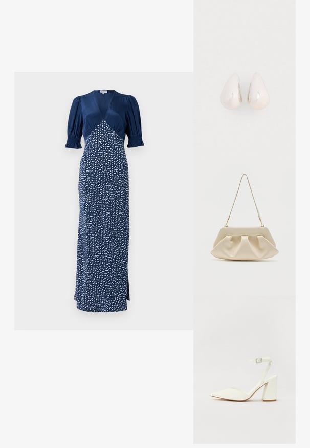 Vestido azul marino con escote en V, mangas abullonadas y un estampado de lunares blancos. Presenta un corsé ajustado y una falda larga con una abertura lateral.; Sandalia blanca de tacón con puntera afilada, correa ajustable en el tobillo y un tacón cuadrado grueso. Textura lisa con detalles de costura mínimos.; Bolso de mano suave de color crema con pliegues recogidos y una correa delgada para el hombro con herrajes dorados.; Pendientes de gota de metal plateado con una superficie suave y reflectante, en forma de lágrima, que presentan un diseño sin costuras y sin embellishments visibles.