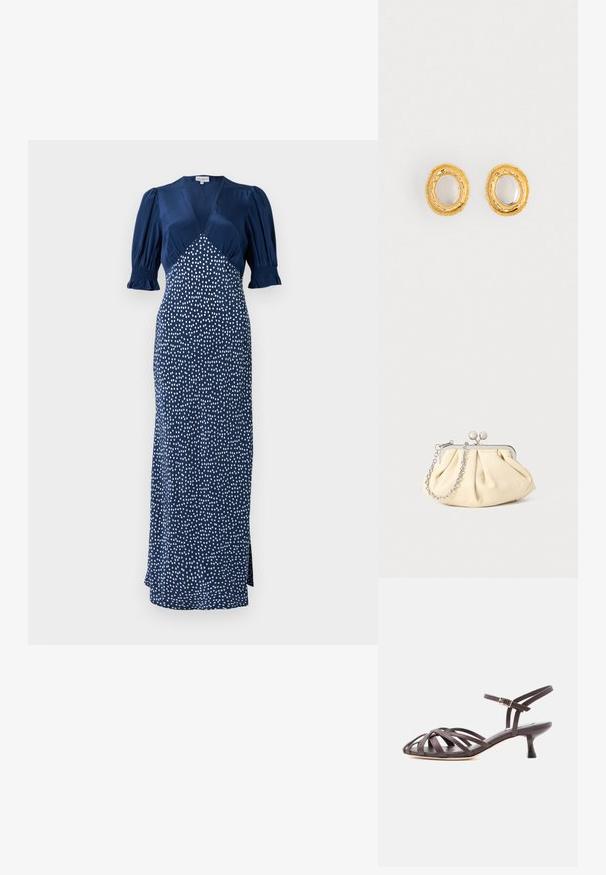 Vestido azul marino con escote en V, mangas abullonadas y un estampado de lunares blancos. Presenta un corsé ajustado y una falda larga con una abertura lateral.; Sandalia de tacón bajo tipo gatito de cuero marrón oscuro con tiras y hebilla ajustable en el tobillo, sobre fondo blanco.; Clutch de cuero beige plisado con un marco de metal plateado, que cuenta con dos broches decorativos redondos y una correa de cadena plateada.; Pendientes ovalados en tono dorado que presentan un borde texturizado y una superficie interior suave, mostrando una sutil calidad reflectante. El diseño es minimalista.
