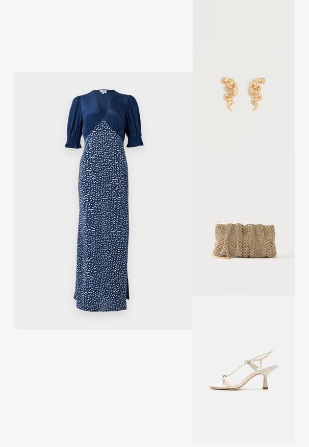 Vestido azul marino con escote en V, mangas abullonadas y un estampado de lunares blancos. Presenta un corsé ajustado y una falda larga con una abertura lateral.; Sandalia de tacón alto beige con tiras delgadas, hebilla ajustable, detalle de anillo en el dedo y tacón bloque ahusado sobre una superficie plana.; Pequeño bolso de mano de malla dorada con un diseño fruncido y una correa de cadena dorada parcialmente visible sobre un fondo blanco liso.; Pendientes en forma de serpiente con tono dorado adornados con pequeños cristales claros sobre un fondo claro liso.