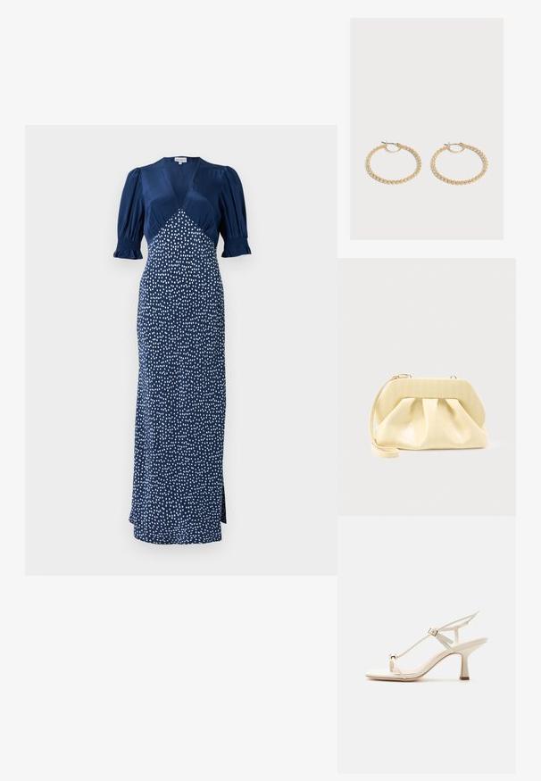 Mørkeblå kjole med V-udskæring, puffærmer og et hvidt prikket mønster. Har en tætsiddende bodice og en lang nederdel med en slidse i siden.; Beige højhælede sandal med tynde stropper, justerbar spænde, tå-ringdetalje og en tilspidset blokhæl på en flad overflade.; Clutch-taske i cremefarvet læder med en struktureret topramme og håndledsrem, vist mod en enkel lys baggrund.; Par medium-størrelse guldbøjleøreringe med et tekstureret perle-design på en ensartet lys baggrund.