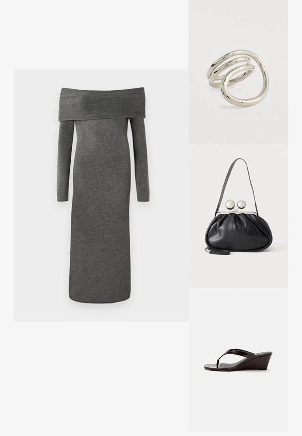 Robe à épaules dénudées, à manches longues en tissu tricoté gris foncé. Conception ajustée, longue jusqu'au sol avec une texture lisse et sans fermetures visibles.; Sandale compensée en cuir verni marron avec bride entre les orteils et bout ouvert, vue de profil sur un fond uni.; Sac à main en cuir noir avec un design plissé, une sangle unique, un cadre métallique argenté et deux grandes fermoirs ronds en argent.; Bague spirale ouverte en argent poli avec des anneaux lisses et arrondis formant un design abstrait et contemporain sur fond blanc.