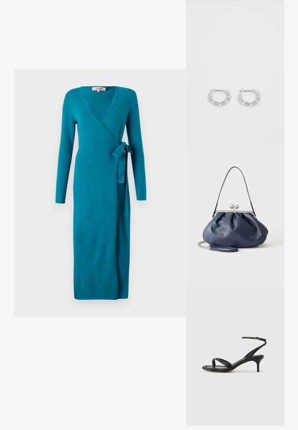 Diane von Furstenberg ASTRID WRAP DRESS - Svetríkové šaty - teal; Čierne kožené sandále pre ženy s tenkými remienkami, očkom na palec, prackou na členku a stredne vysokým ihličkovým podpätkom na neutrálom pozadí.; Mäkká námornícky modrá kožená kabelka so strieborným zapínaním, jedným ramenným popruhom a odnímateľným reťazovým náramkom na bielom pozadí.; Strieborné kruhové náušnice s perlami a krištáľovými akcentmi, s textúrovaným povrchom a bezpečným uzáverom na kolík.